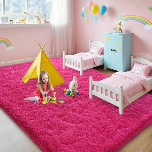 6x9 Rugs for Living Room, Large Fluffy Area Rugs for Bedroom, Soft Carpet Shag Kids Room Rug, Non-Slip Fuzzy Rugs Indoor (Hot Pink, 6ft x 9ft)