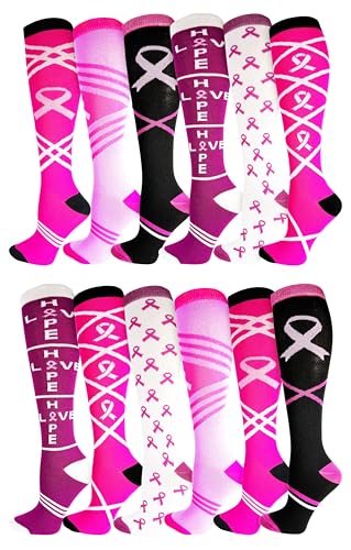 Winterlace 12 Pairs of Womens Breast Cancer Awareness Socks Pink Ribbon Soft Sport Sock Bulk Pack (12 Pairs Knee High Socks (A))