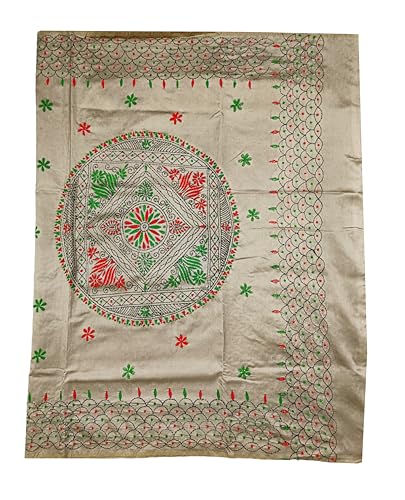 Image of SHRISTI CLOTHINGS Women's Hand Embroidered Cotton Silk Kantha Stitch Saree with Blouse Piece (J420724 GRAYOLIVE)