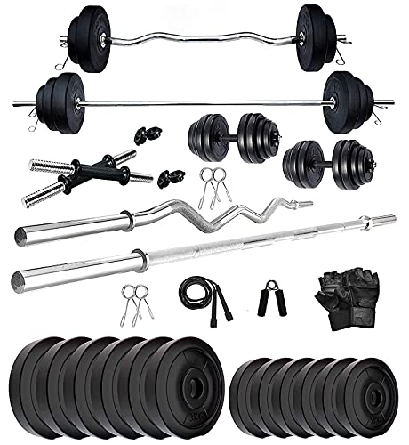 Image of Bodyfit Home Gym System Exercise Set Combo, Strength Training, Weight Plates(20Kg-100Kg),5Ft Straight,3Ft Zig Zag Rod N 2x14'' Dumbbell Rods, Accessories (100Kg Gym Set)