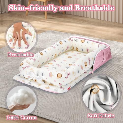 Image of Baby Lounger for Newborn-Portable Baby Lounger 0-24 Months for Home and Travel,Newborn Loungers with Strap, Baby Nest Lounger Adjustable Size,Animal World Pink
