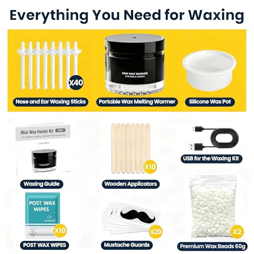 Image of Nose Wax Kit, 120g Nose Hair Wax Kit for Men & Women, Painless Nose Hair Removal with USB Fast Heat, Smart Constant Temp, 40 Applicators, Wooden Sticks, After-Wax Wipes and Moustache Guards 20-25 Uses