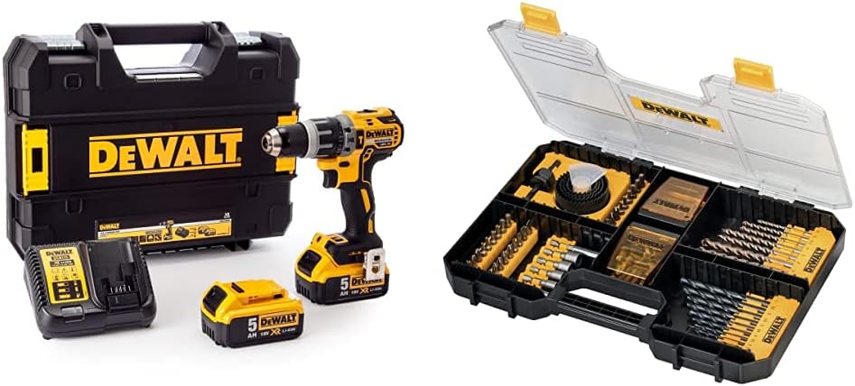 DEWALT DCD796P2-GB DCD796P2 Combi Drill 18V XR Brushless Compact Lithium-Ion (2 x 5.0Ah Batteries), 18 V, Yellow/Black, One Size & dt71569-qz Universal Tool Box Set, Multi-Colour