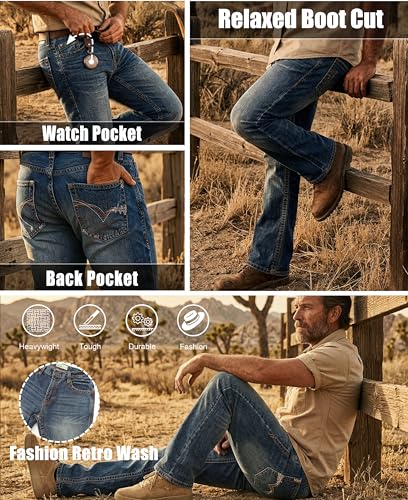 Image of BOCOMAL Non FR-Men's Heavyweight Dura-Rugged Work Jeans Mid Rise Relaxed Fit Boot Cut 7 Utility Pockets Retro Washed Jean
