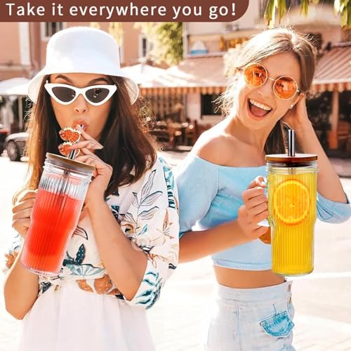 ALINK Bicchieri in vetro a coste da 24 oz con coperchio e cannuccia, 2 bicchieri in vetro con manico, riutilizzabili Mason Jar Boba Smoothie Bicchieri - immagine 6