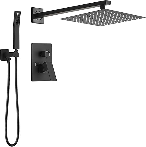 Juego completo de grifo de ducha negro con cabezal de ducha lluvioso de 12 pulgadas, incluye válvula de ducha y cabezal de ducha con mango negro mate