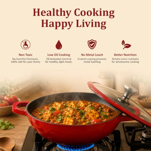 Image of Vinod Freya Cast Iron Deep Kadai with Glass Lid, 22 cm 1.9 L | TREON Technology Enamel Kadhai for Frying, Sabzi, & Cooking | No Seasoning Required | Induction & Gas Stove Compatible | 100% Non-Toxic