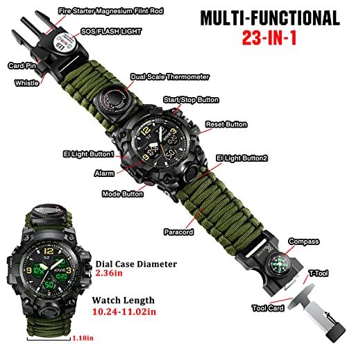 23-in-1 Survival Military Digital Watch, Mens Tactical Multi-Functional and Adjustable Wristband Outdoors Waterproof Sports Dual Dial Watches with Compass Paracord Band