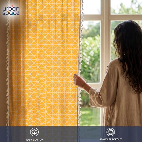 Image of Urban Space Boho Decorative Curtain for Window, 100% Cotton Curtain 5 Feet Long, 1 Piece Curtain with Tassels, 60-65% Room Darkening Curtain with Tieback and Eyelets (Yellow Star, 5 Feet)