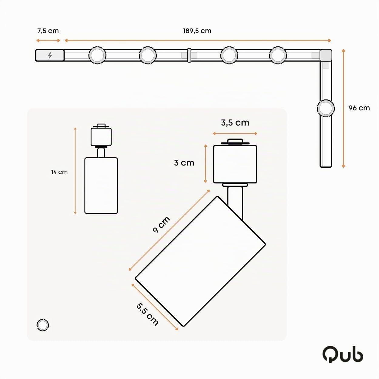 Qub Focus III Monophasé Luminaire Plafonnier LED – 300cm - 5x GU10 Spot Sur Rail - 3x 1m Barre de Spot Plafond – I-Form - Plafonnier intérieur Noir Moderne – Spots et Rails de Spots