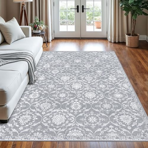 KILOCOCO 5x7 Area Rug, Moroccan Super Soft Washable Living Room Vintage Rug, Non-Slip Large Print Faux Wool Throw Indoor Rug for Entryway Bedroom Office Carpet, Silver Grey/Blue