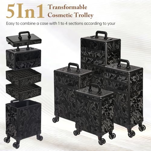 Image of 5 in 1 Rolling Makeup Train Case Professional Cosmetic Trolley Large Storage Organizer on Wheels for Hairstylist Artist Nail Beauty Salon Barber Alipine Black
