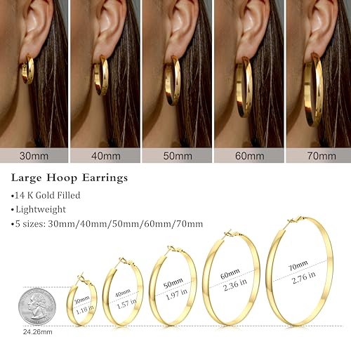BESTEEL 14K Gold Filled Hoop Earrings for Women, 5mm Wide Large Flat Gold Hoop Earrings, Hypoallergenic Lightweight Oversized Big Hoop Earrings Gold4