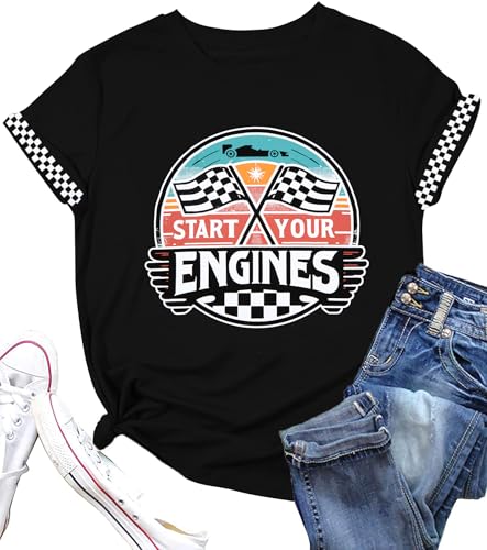 Racing Shirt Women Vintage Checkered Flag Racing Shirts Start Your Engines Tshirt Raceday Casual Short Sleeve Tops
