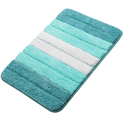 PiccoCasa Extra Soft & Absorbent Non Slip Bath Mat, 50 x 80cm, Turquoise Microfiber Striped Rug, Machine Wash & Dry