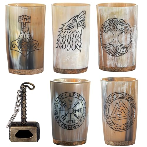 FENRIR Viking Drinking Horn Mug Set of 5 – Gifts for Men, Dad, Husband – Unique Viking Gift – Natural Ox Horn Cup with Thor Bottle Opener – For Beer, Ale, Mead (10 oz/Glass)