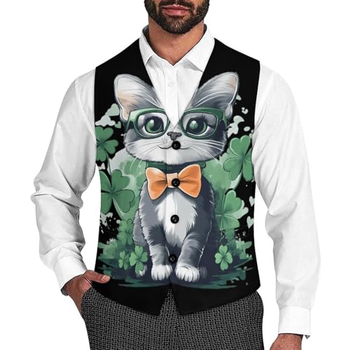 Ireland Cat Clovers St Day Partick Casual Suit Vest for Men Formal Business Dress Regular Fit Waistcoat Tuxedo