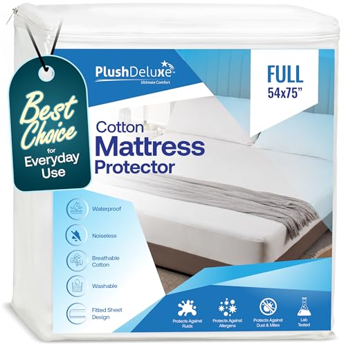 PlushDeluxe Full Cotton Mattress Protector – Waterproof Cover with Fitted Sheet Design – Soft, Durable, and Noiseless Mattress Pad for Comfortable Sleep – Easy Installation and Cleaning