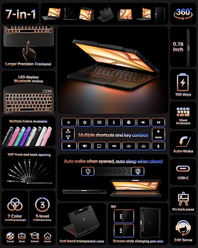 Image of Intermerge for iPad 9th Generation 10.2 inch Case with Keyboard, 360 Rotating Multi-Touch Trackpad, 7-Color Backlit Keyboard, Transparent Back Shell, Compatible with iPad 9th(10.2inch,2021), Black