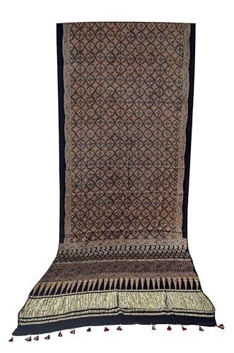 Image of Ethnics of Kutch Womens Ajrakh Modal Silk Natural Dye Golden Border Hand Block Print Saree with Blouse Piece - 5.5 Mtr Length (Black 05C01E)