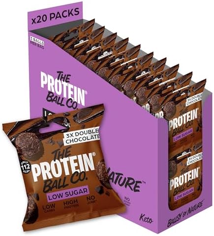 The Protein Ball Co Double Chocolate Low Sugar Protein Balls - Keto Friendly Snacks, Gluten-Free, Low Carb, Low Calorie Snacks - Healthy Energy Balls, Box of 20 Bags