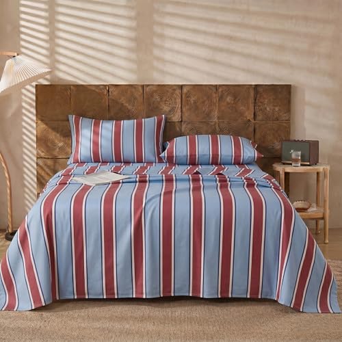 Image of Merryword 100% Cotton Sheet Set Full Size - Burgundy and Blue Striped Bedding, Soft Breathable Percale Weave, Deep Pocket Fitted Sheet 17.5 inch, Luxury & Silky Soft Sheet Set for All Seasons