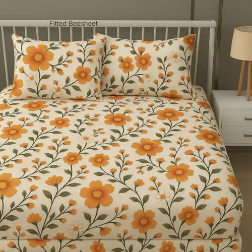 Image of RUMPS 380 TC Premium Heavy Cotton 7D Print Fast Colour Feel Elastic Fitted Floral Bedsheet King Size with 2 Pillow Covers || (Orange Flower, Fitted - 72 inchx78 inch King)