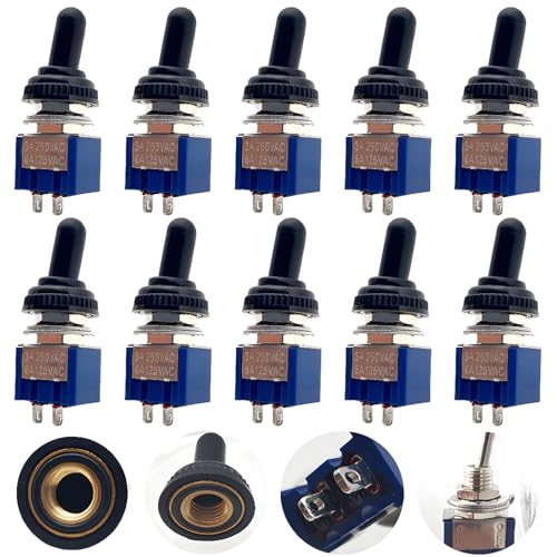 CESFONJER 10 SPDTミニミニチュアトグルスイッチ、オン/オフ2ピン2ポジションミニトグルスイッチ+防水キャップAC 125V / 6A、250V / 3A(ブルー)