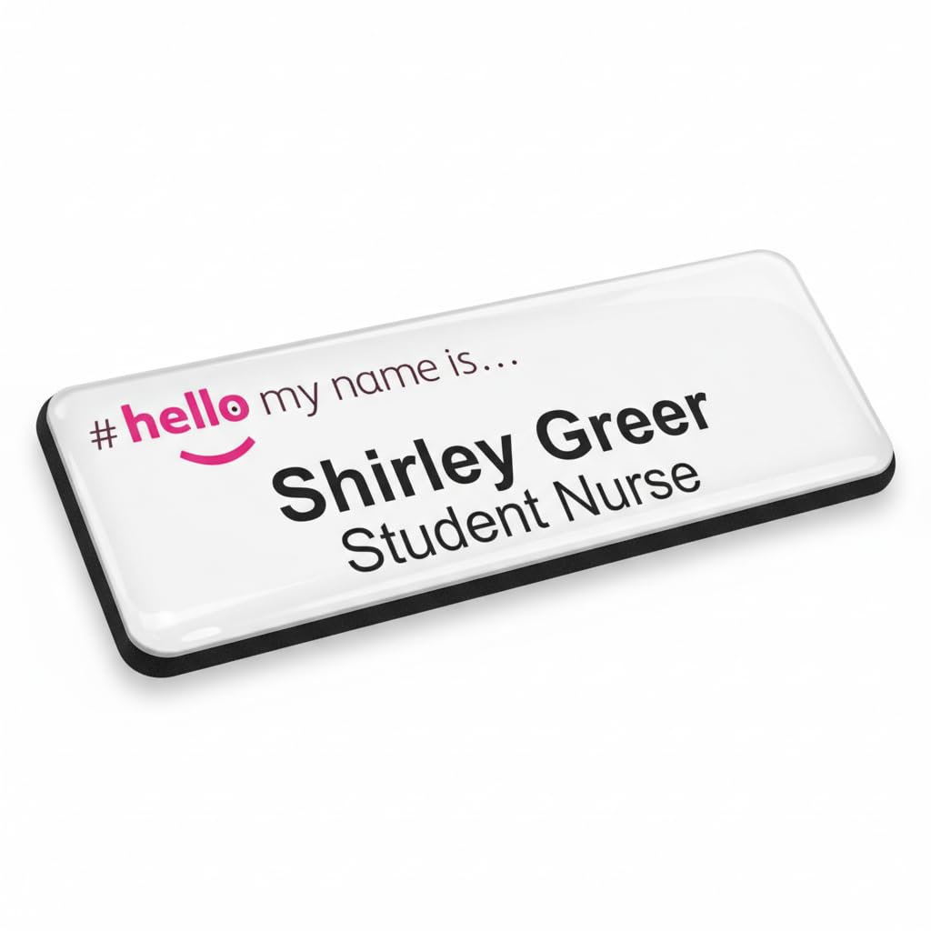 Badgemaster Pink Hello My Name is Logo White Badge Premium Domed White Black 76 x 25mm Doctor Student Nurse Clinical Practitioner Healthcare Assistant Medical Staff GP