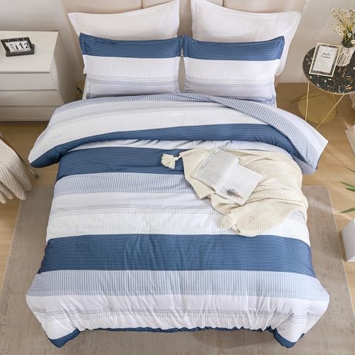 Litanika Mineral Blue California King Comforter Set - 3 Pieces Cal King Oversized Lightweight Summer Colorblock Stripe Bedding Set (104x96In, 2 Pillowcases)