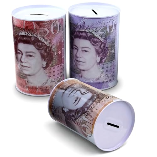 Money Box Set of 3 Metal Money Saving Tins You Cant Open | Piggy Bank for Adults & Kids | Coin Cash Saving Box | 10 20 50 UK Banknote Design