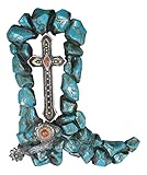 Ebros Gift Rustic Southwestern Crackled Turquoise Gemstone Pebbles Cowboy Boot With Spur And Vintage Cross Hanging Wall Decor Plaque 12' High Western Accent Decorative Crosses