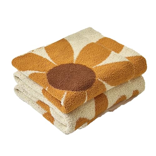 Image of Ultra Soft Cozy Daisy Sunflower Knitted Throw Blanket Fluffy Microfiber Checkerboard Bed Blanket Lightweight Both Sides Blanket for Couch Sofa Bed (Daisy Orange, Baby 30"x40")