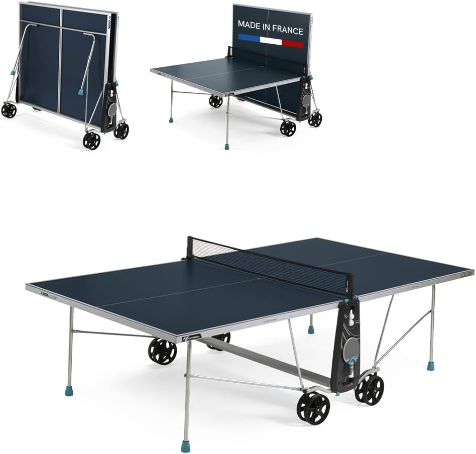 Cornilleau - 100X Outdoor Table Tennis Table - Foldable - Weatherproof - Ping Pong Table with 4 mm Melamine Resin Top - Blue or Grey