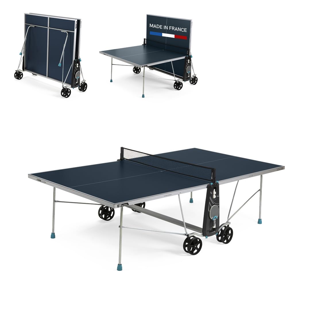 Cornilleau - 100X Outdoor Table Tennis Table - Foldable - Weatherproof - Ping Pong Table with 4 mm Melamine Resin Top - Blue or Grey