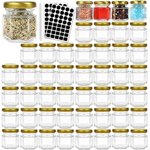 STARSIDE 48 Pack 1.5 oz Hexagon Glass Canning Jars with Gold Lids, Mini Jam Jars for Honey,Sauce,Baby Foods, Wedding Favors,DIY Small Spice Jars. Include 1 Pen and 80 Labels. Cover