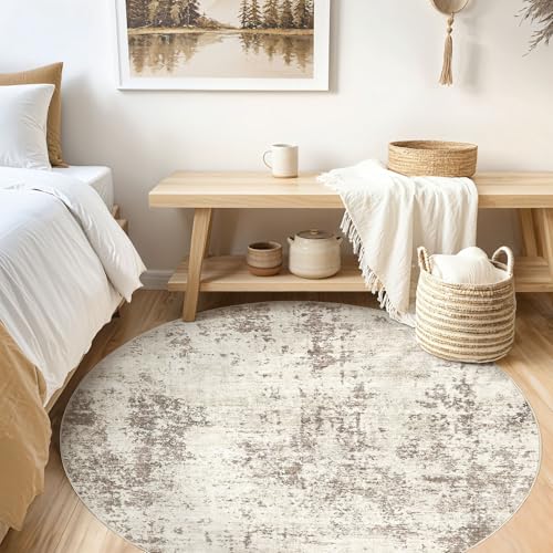 5ft Round Area Rug Living Room Rugs - 5x5 Washable Neutral Modern Abstract Soft Thin Rug Indoor Floor No Slip Rug Carpet for Bedroom Under Dining Table Home Office Decor - Dark Brown