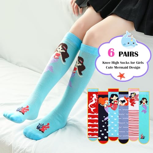 PHOGARY 6 Pairs Girls Knee High Socks, Cute Socks Colorful Cartoon Animal Warm Cotton Socks Crazy Funny Kids Odd Socks Mid Calf Long Boot Socks for 3-12 Years Girls, One Size (Mermaid)2
