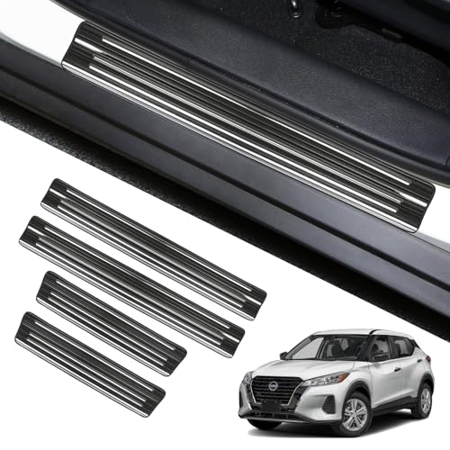 YOJOJOCO Door Sill Protector for Nissan Kicks 2025 2024 2023 2022 2021 2020 2019 2018 Accessories Stainless Steel Front and Rear Door Car Pedal Kick Guards Protection (Black Brushed)