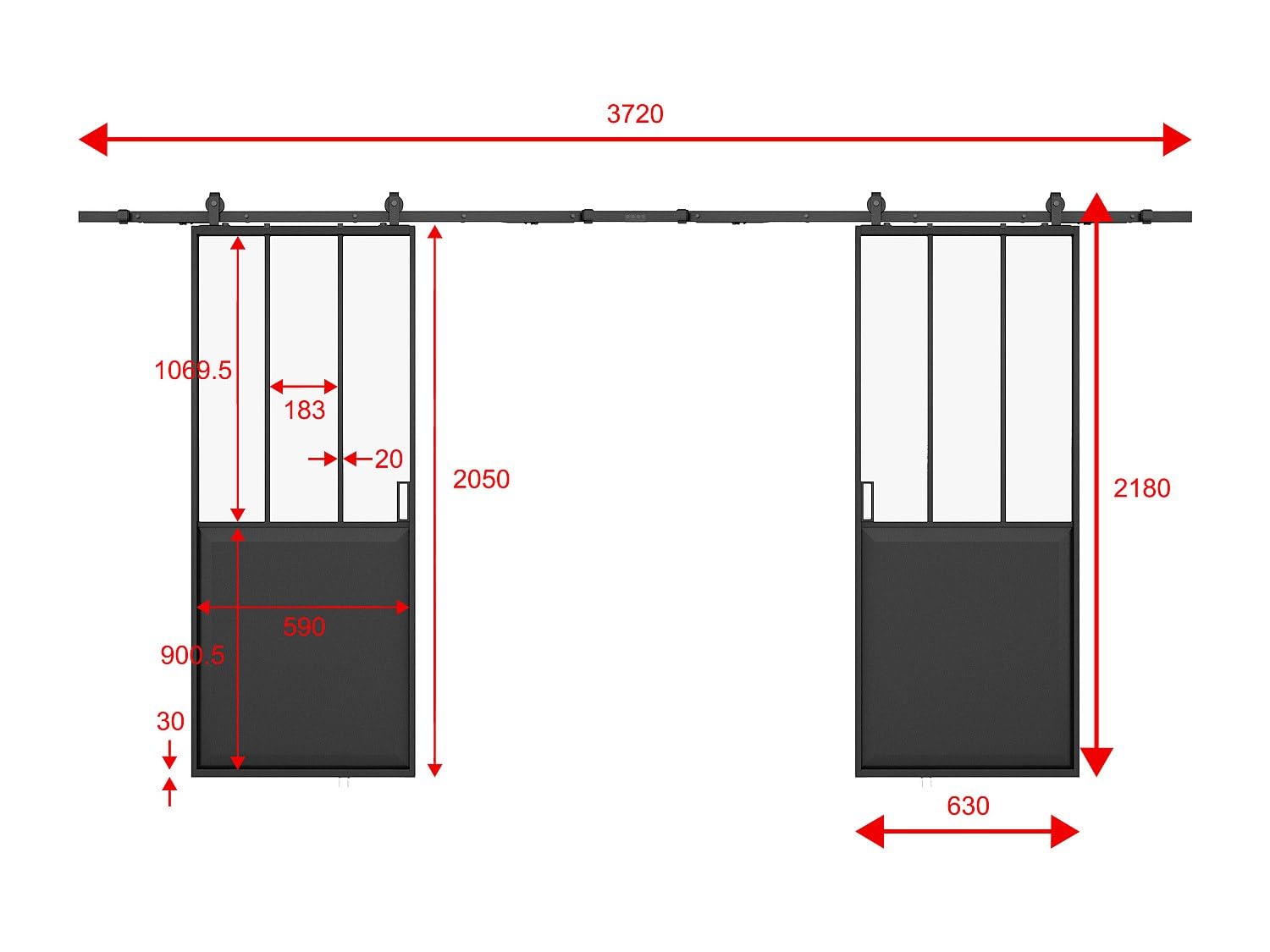 Vente-unique-Puerta corredera doble estilo taller - Negro y vidrio templado - 2 x Alt. 205 x Ancho 63 cm - ARTISTO II