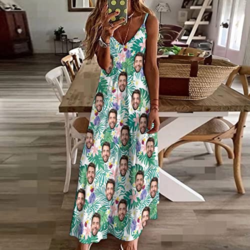 Womens Custom Face Long Dress Personalized Photo Gift Sling and Ankle V-Neck Sexy Gentle Beach,Street3