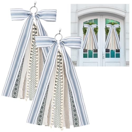 Suncalla 2 Pcs Grayish Blue and Ivory Ribbon Bow for Wreath Large Wreaths Ribbon Bundle Assorted Sash for Wreaths for Party Front Door Indoor Outdoor Decoration