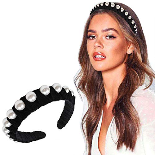 Morebrave Pearl Headbands Sparkling Bejewelled Rhinestone Hairband Cute Headdress Wide Elastic Hair Hoop Crystal Embelli