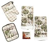 Fall Kitchen Towels Oven Mitt and Pot Holder 4 Pc Set 100% Cotton Autumn Harvest Green White Pumpkin