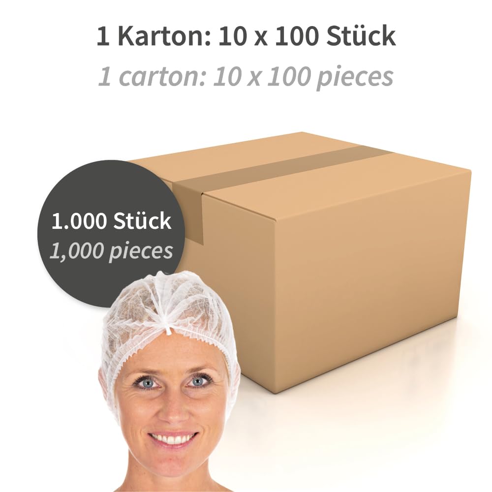 Hygonorm Light 1000 sztuk kaptury chirurgiczne białe, siatka na włosy, jednorazowa siatka na włosy, ø 50 cm, gumka bez lateksu, jednorazowe kapturki PP, dla kobiet/mężczyzn, jednorazowe siatki na