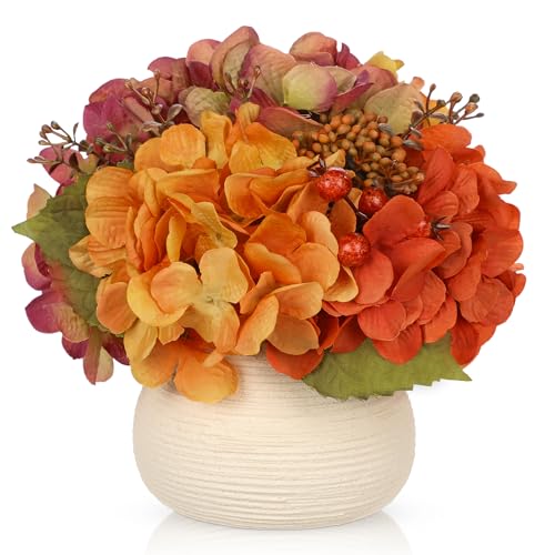 Hydrangea Artificial Flowers in Vase, Small Fall Floral Arrangeme...