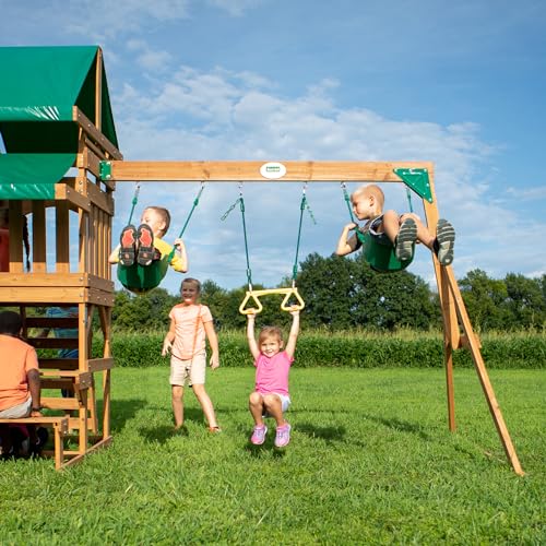 Image of Backyard Discovery Belmont Cedar Wood Swing Set with Wave Slide, Play Deck, Rock Wall Ladder, Snack Bar Window, Shaded Picnic Area, Bench, Belt Swings, Trapeze, Sandbox Area, Canopy, Outdoor Playset