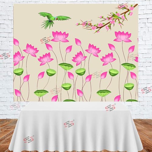 Image of S2S Traditional Lotus Flower Design Backdrop Cloth | for Pooja Decoration Background Curtain Cloth | 5 Feet Height & 5 Feet Width (Lotus Flower with PAROT)