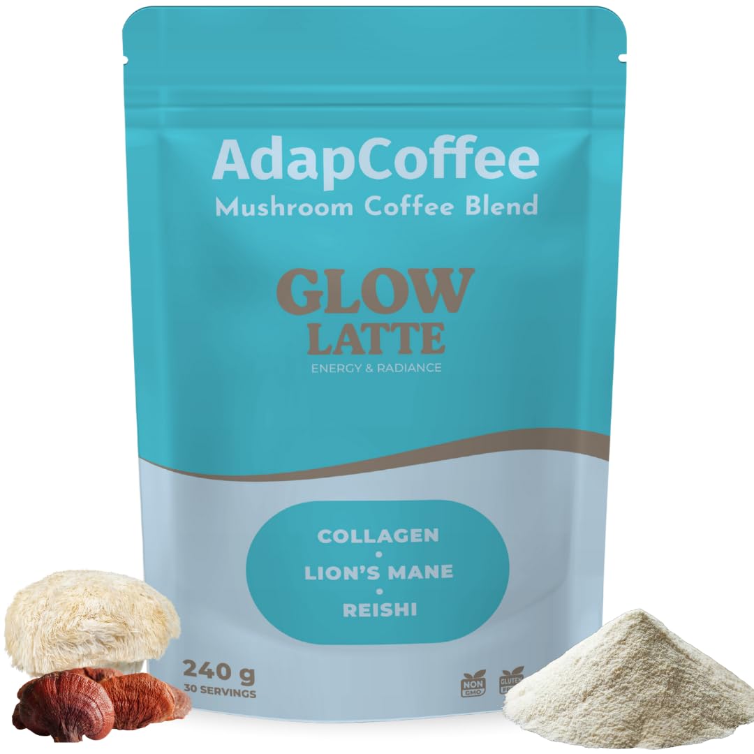 Glow Latte – Café Latte Instantané aux champignons adaptogènes & Collagène Marin - Lion’s Mane & Reishi – Focus, Vitalité & Bien-être - Crémeux & Gourmand - Sans Sucre Ajouté – 30 Tasses – ADAPCOFFEE