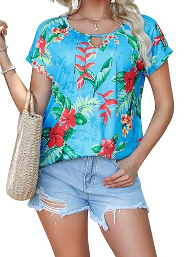Ezcosplay Women Cap Short Sleeve Hawaiian Shirt Keyhole V Neck Pleated Tops Luau Party Tropical Floral Print Tshirt Tees2